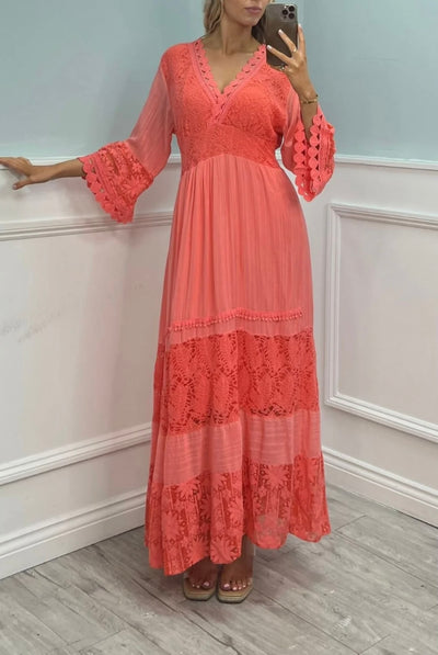 Lace Crochet V-Neck Italian Long Dress- Gloriana