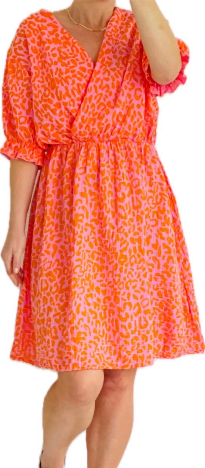 Leopard Cheesecloth Crossover Dress- Vally