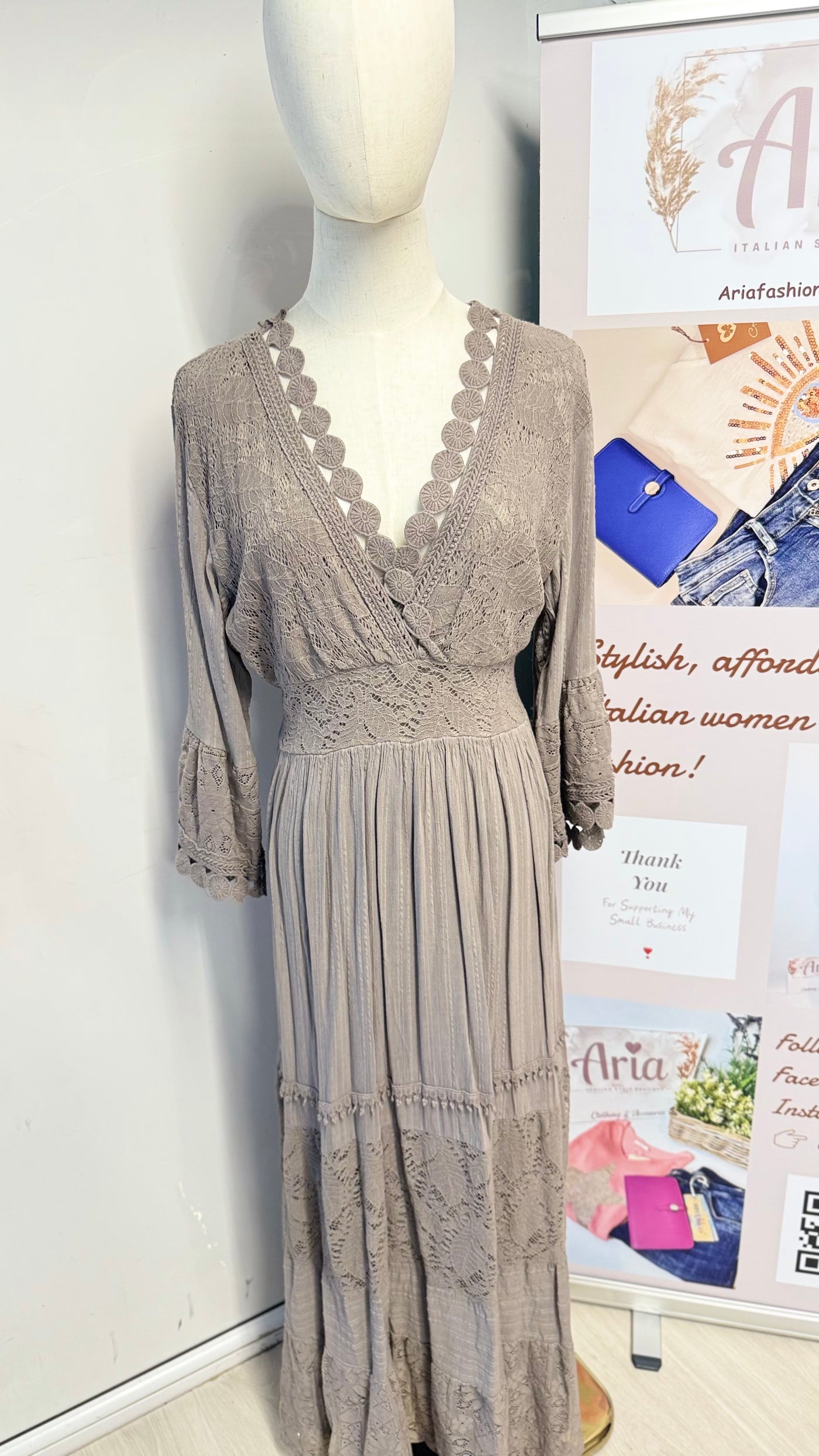 Lace Crochet V-Neck Italian Long Dress- Gloriana