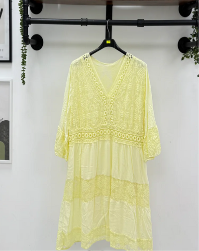 Lace Trim Embroidered Smock Dress- Trina