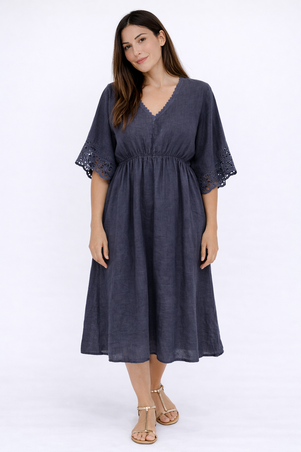 Italian Midi Italian Linen V-Neck Midi Dress with Broderie Anglaise Sleeves- Agnese ...