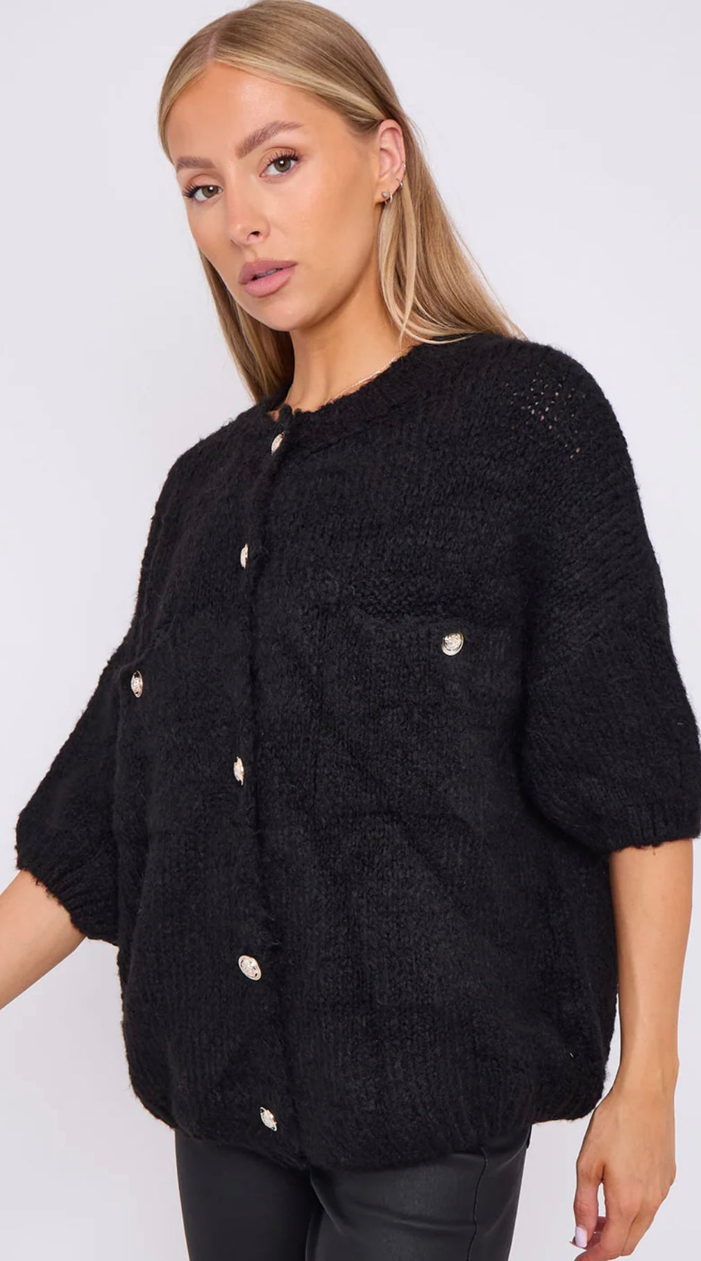 Gold Button Short Sleeve Cardigan- Caterina