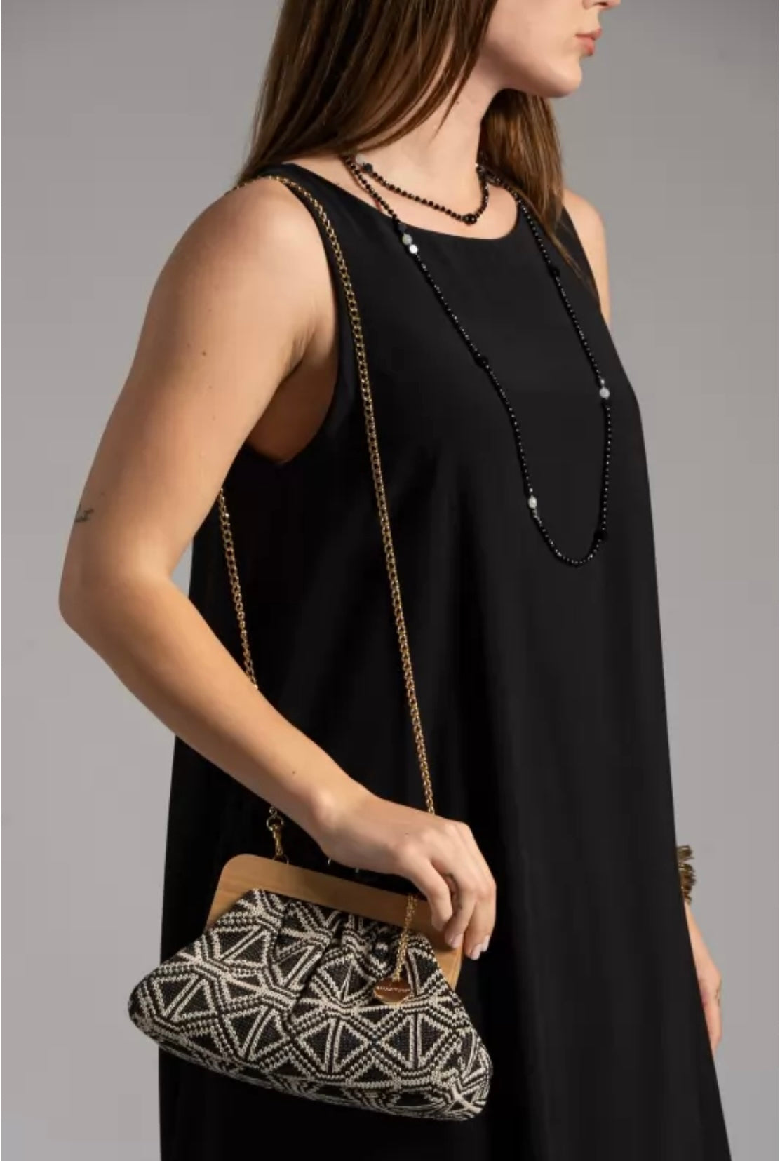 Black & Ivory Geometric Clutch Bag With Wooden Frame & Gold Chain-Kassandra