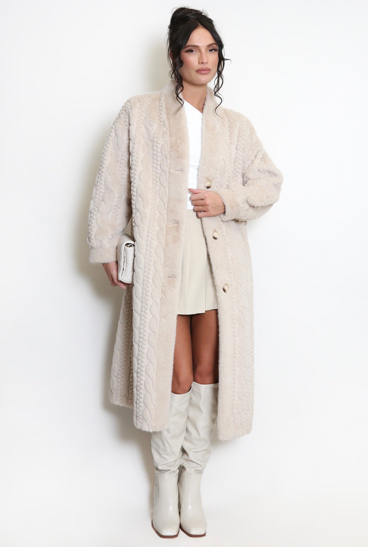 Faux Fur Cable Knit Long Coat- Larissa