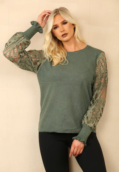 Crochet Sleeves Crew Neck Jumper- Jolie