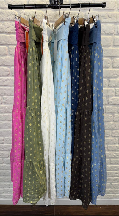 Volà tiered cotton maxi skirt with adjustable waistband and metallic sparkle print – flowy, lightweight, and fully lined
