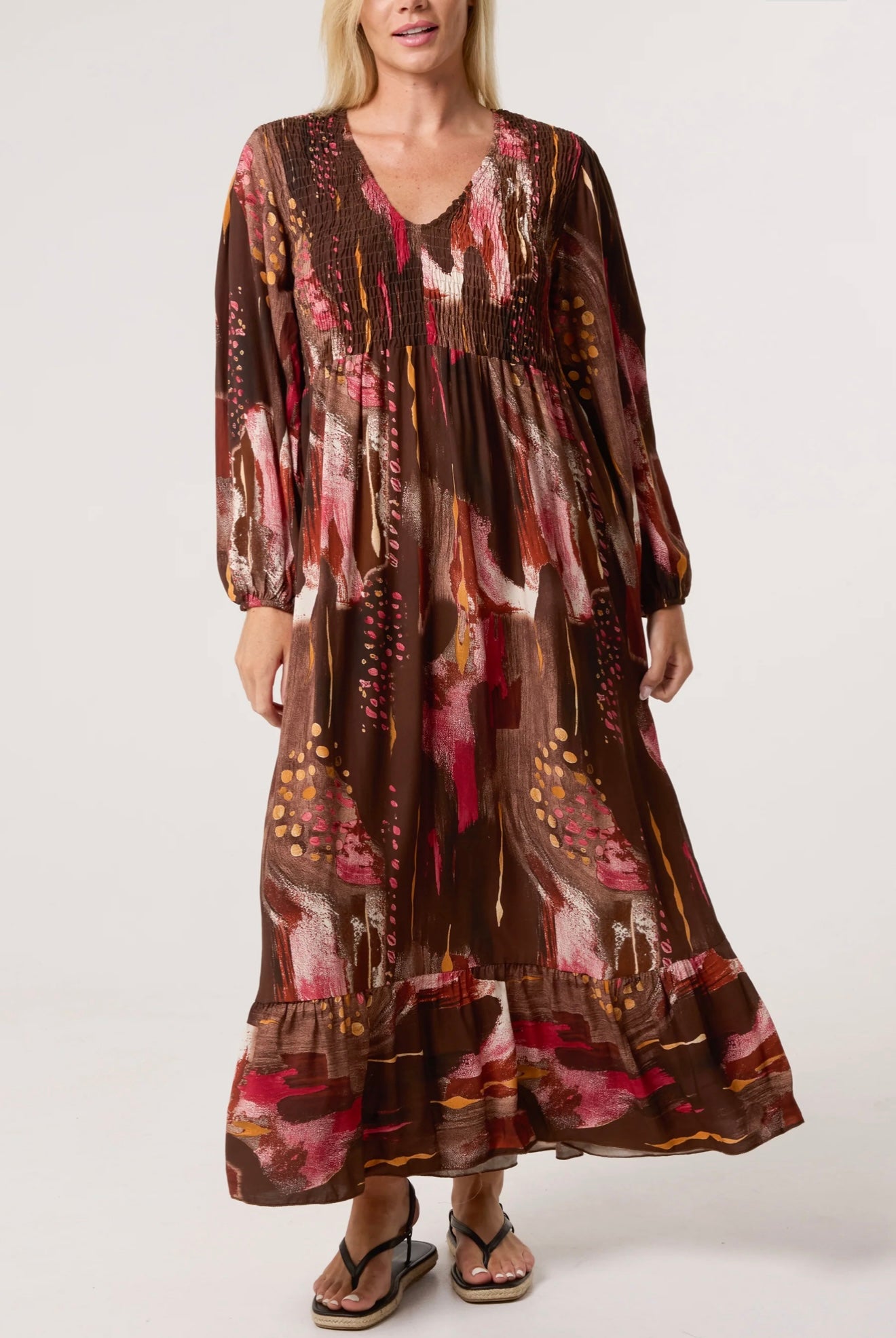 Multi Print Shirred Bust Midi Dress- Incanto