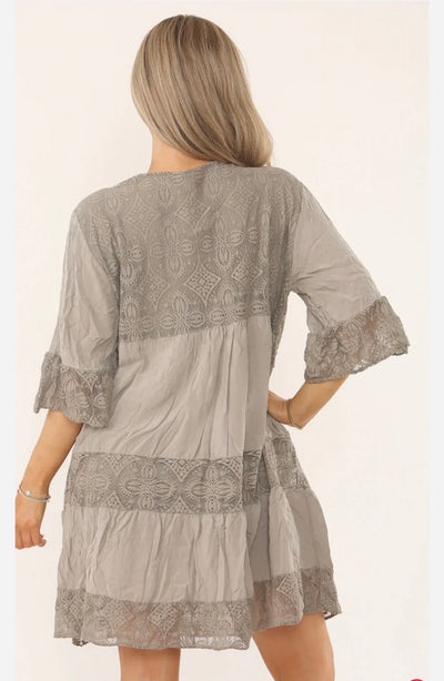 Lace Trim Embroidered Smock Dress- Trina