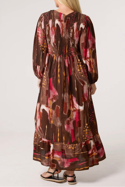 Multi Print Shirred Bust Midi Dress- Incanto