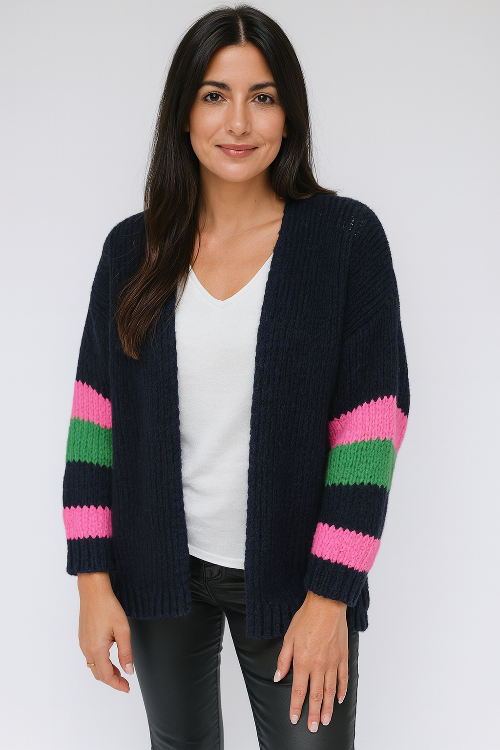 Cozy Italian chunky knit cardigan with pink and green stripe sleeves