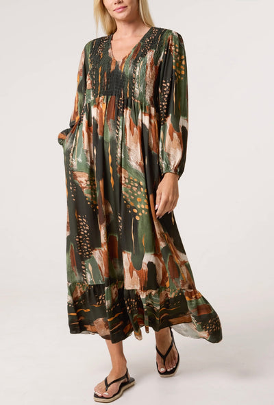 Multi Print Shirred Bust Midi Dress- Incanto