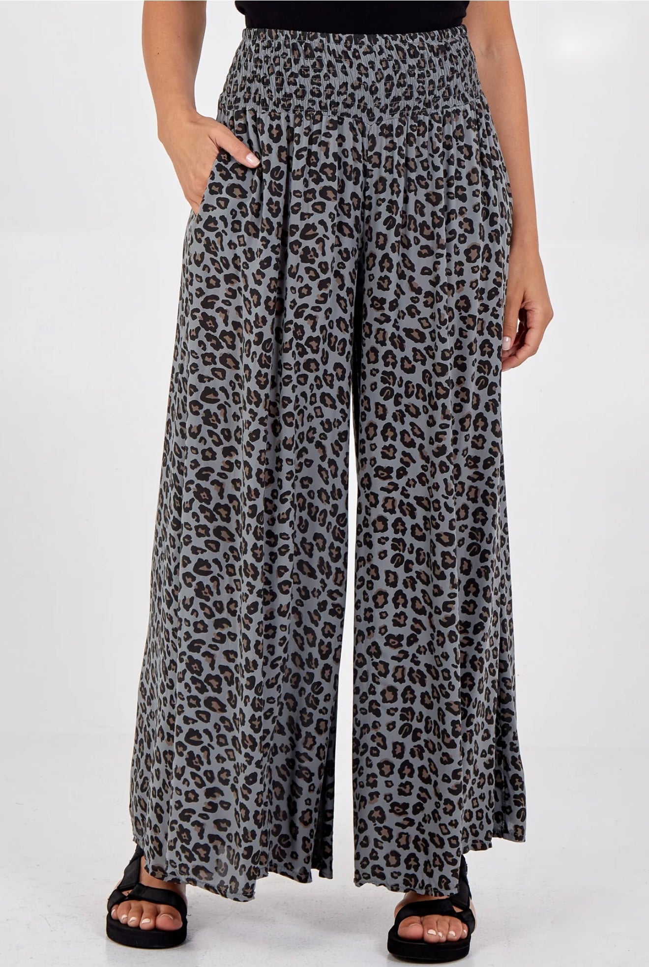 Leopard Print Ruched Waist Wide Leg Trousers- Tania