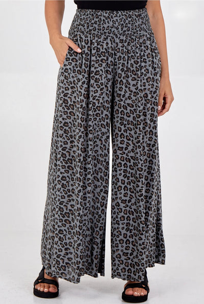 Leopard Print Ruched Waist Wide Leg Trousers- Tania