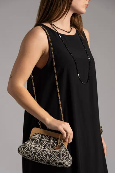 Black & Ivory Geometric Clutch Bag With Wooden Frame & Gold Chain-Kassandra