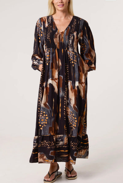 Multi Print Shirred Bust Midi Dress- Incanto