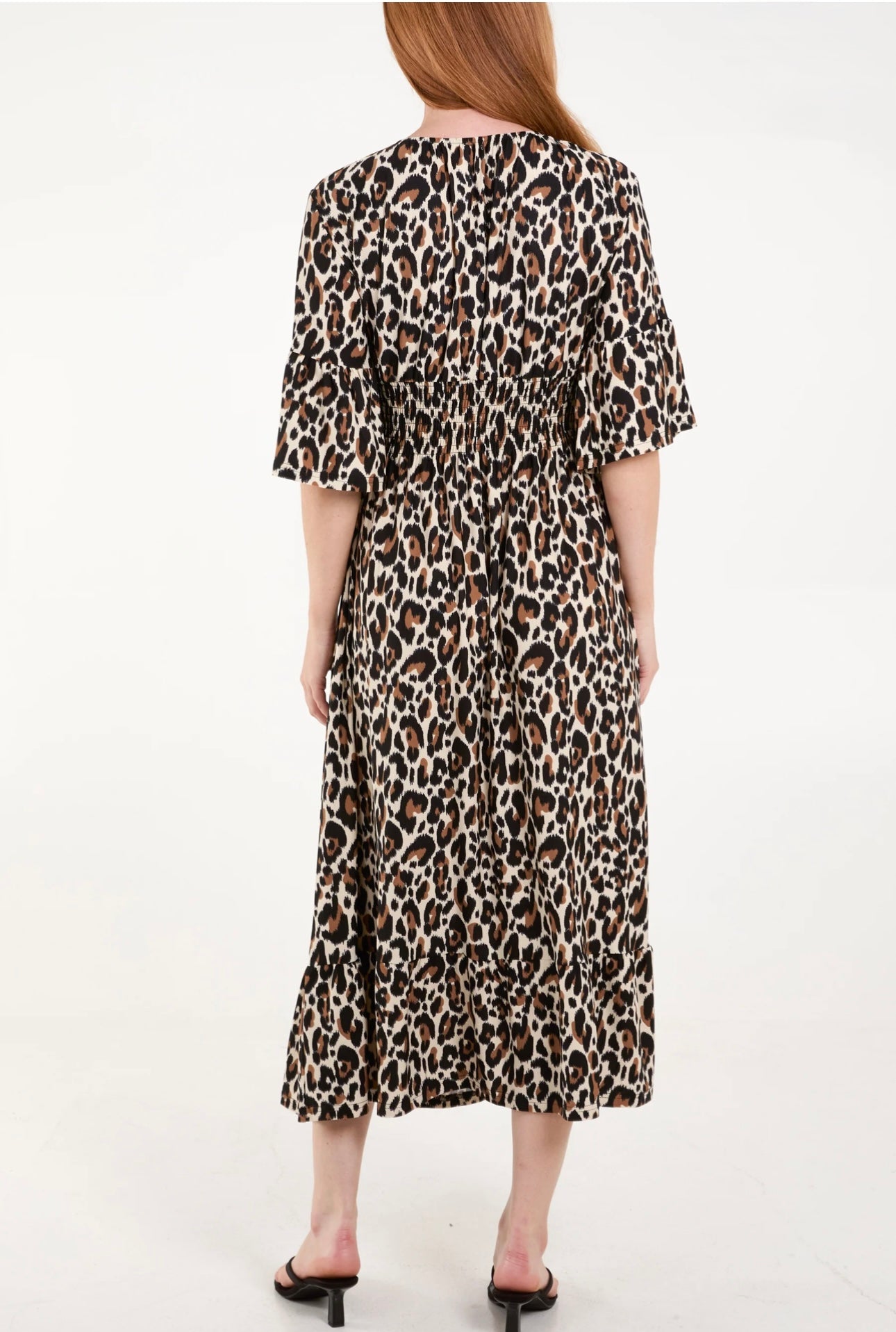 Leopard Print V-Neck Shirred Waist Midi Dress- Luisanna