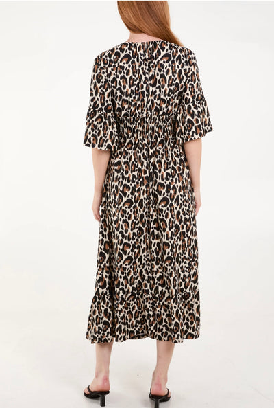 Leopard Print V-Neck Shirred Waist Midi Dress- Luisanna