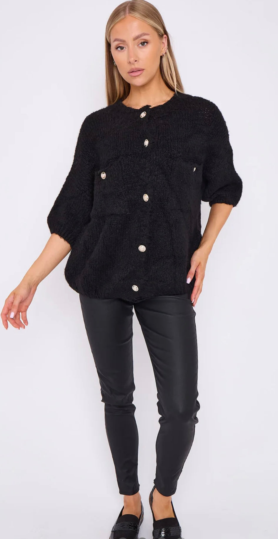 Gold Button Short Sleeve Cardigan- Caterina