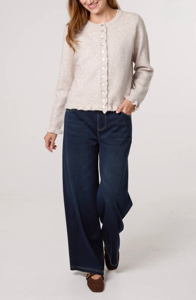 Neutral stone melange ruffle trim cardigan – soft Italian knit