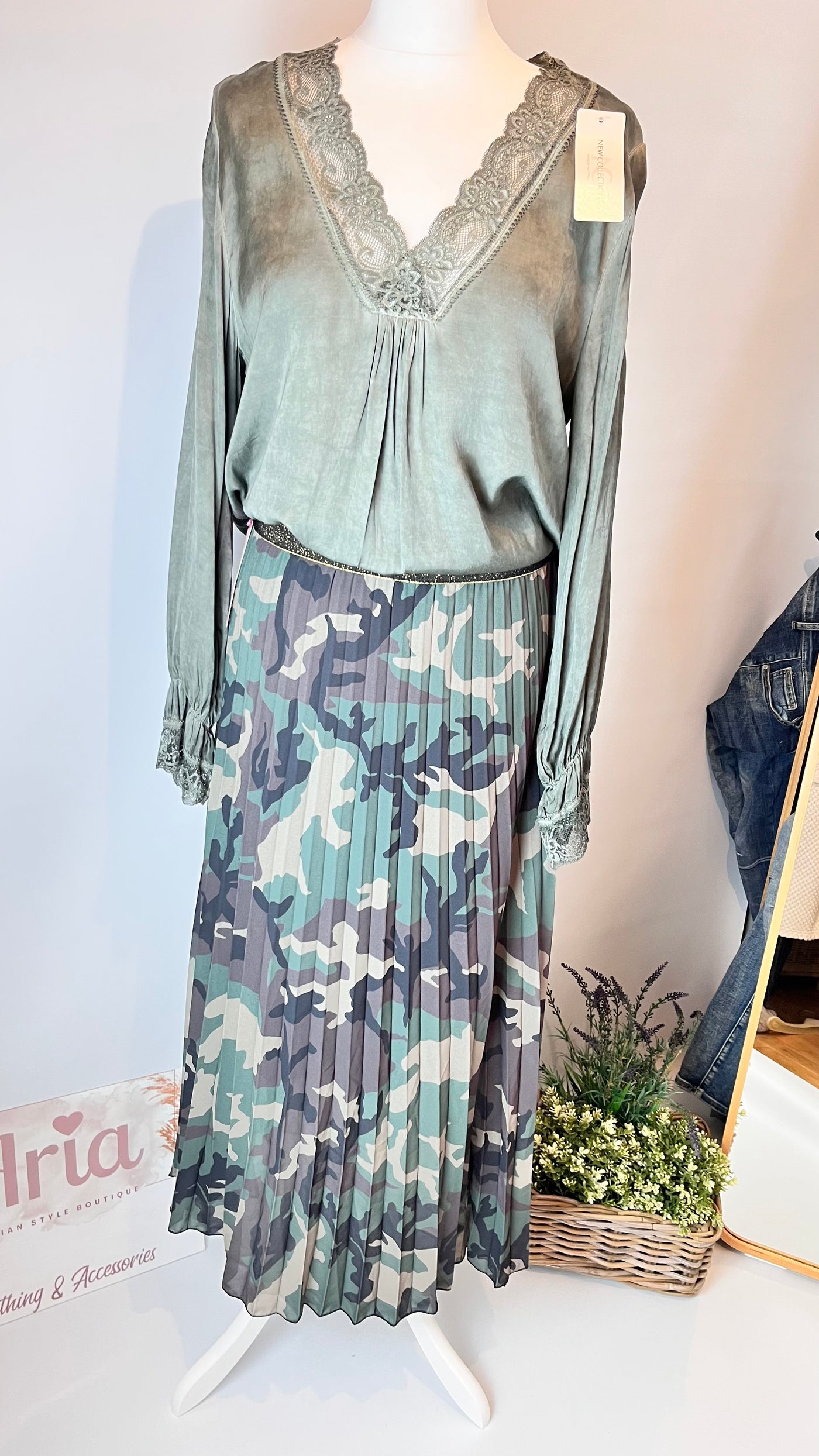 Camo Print Pleated Maxi Skirt- Shana
