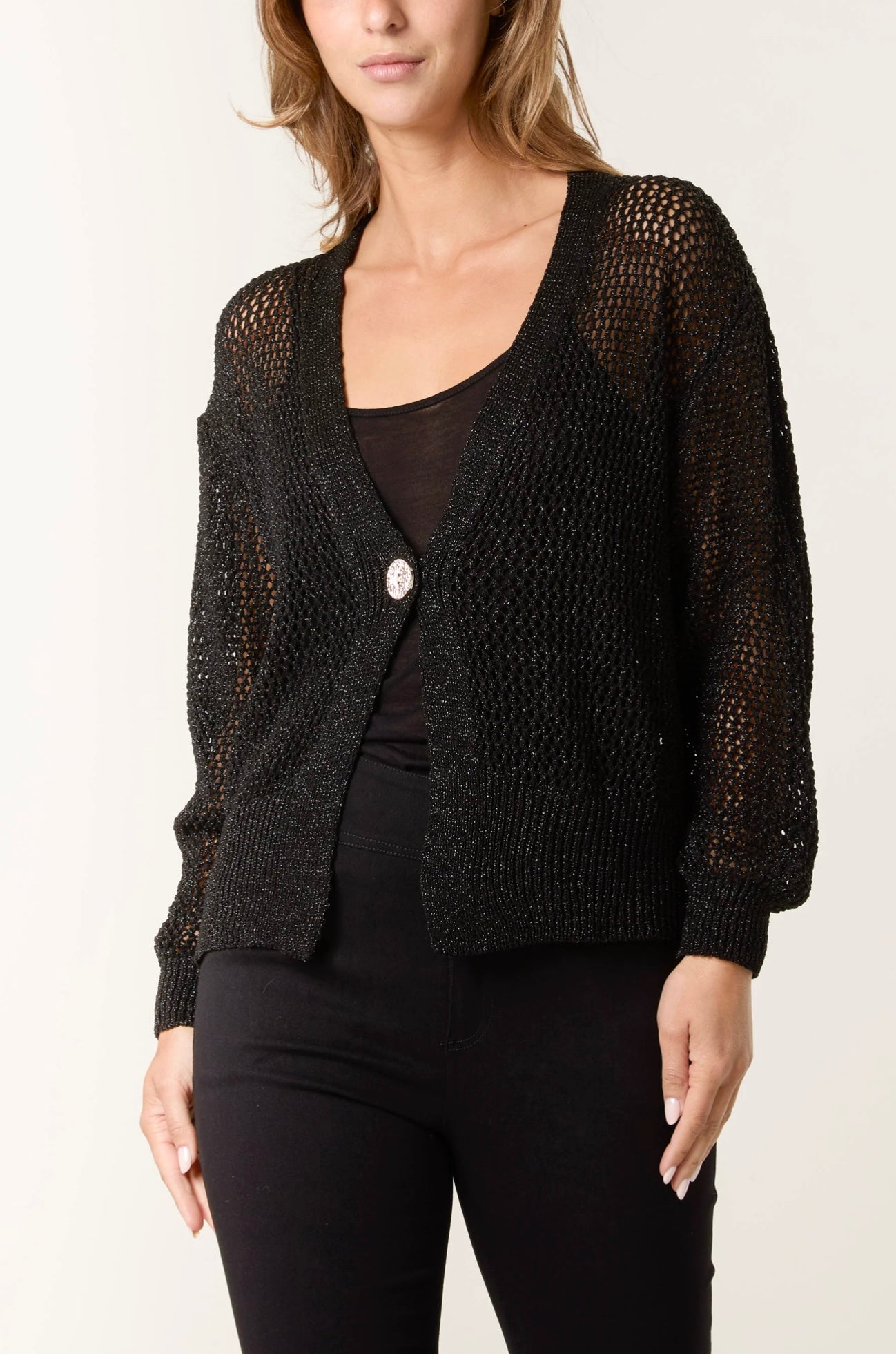 Gold Button Lurex Knit Cardigan- Luminosa