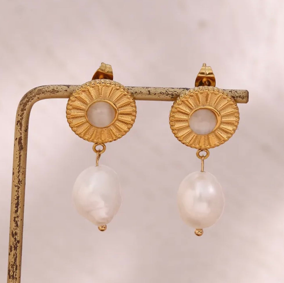 Vintage Pearl Inlay Opal Agate Drop Earrings- Agata