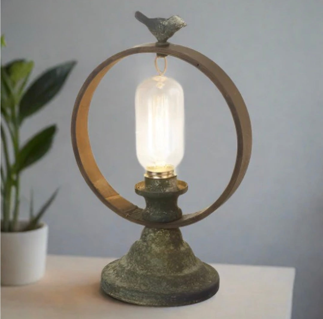 Battery-Operated Round Metal Lamp with Bird Detail- Nido