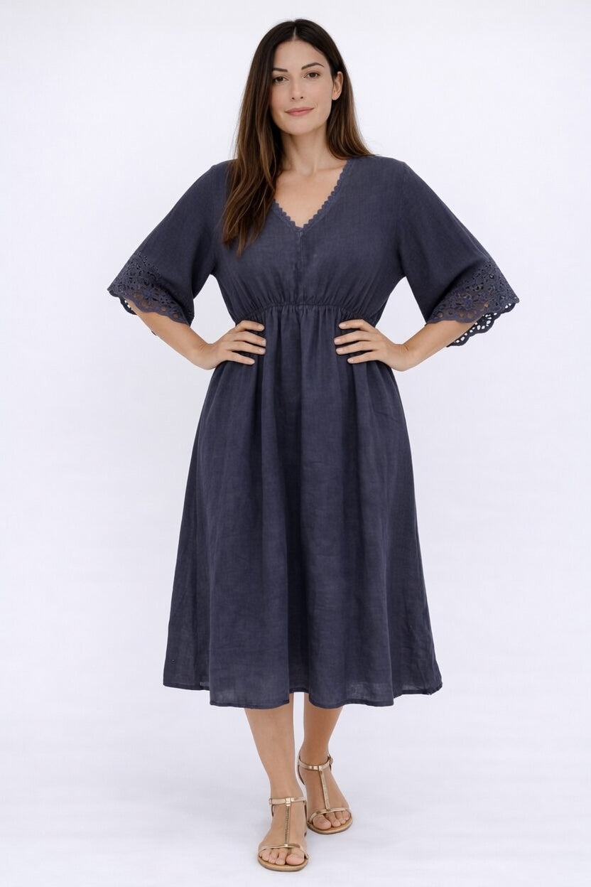 Italian Midi Italian Linen V-Neck Midi Dress with Broderie Anglaise Sleeves- Agnese ...