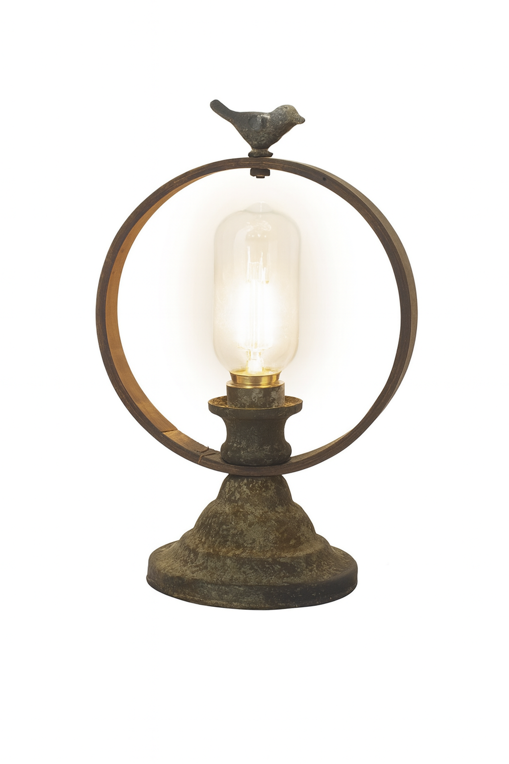 Battery-Operated Round Metal Lamp with Bird Detail- Nido