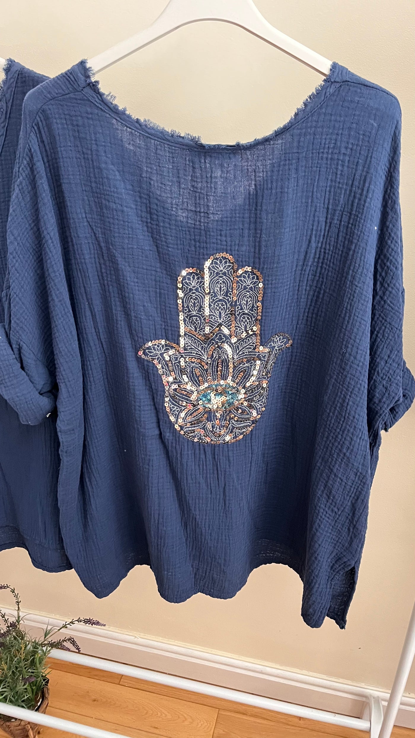 Hand Of Hamsa Sequin Crushed Cotton Top- Eva