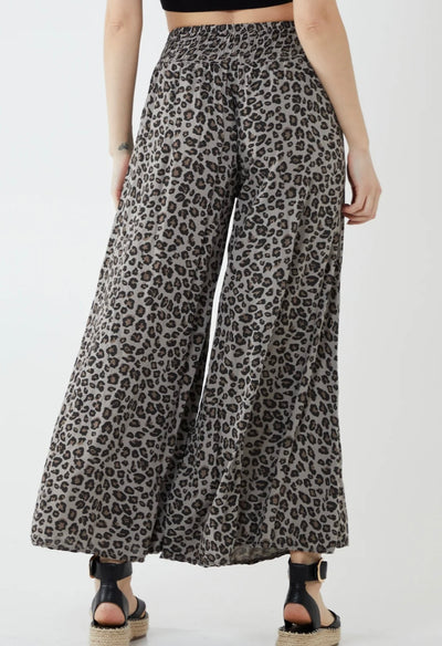 Leopard Print Ruched Waist Wide Leg Trousers - Tania