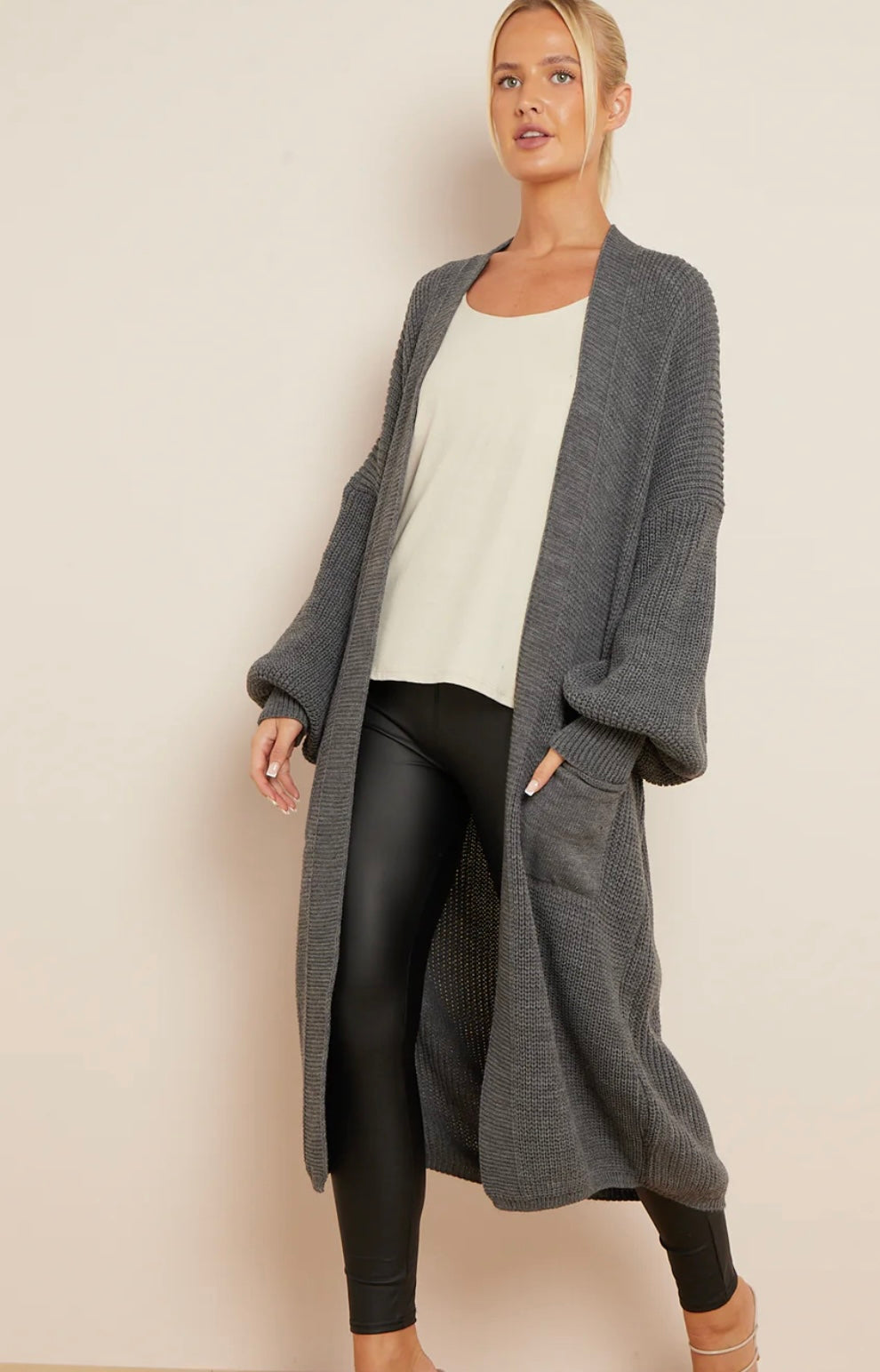 Bubble sleeve cardigan in charcoal 