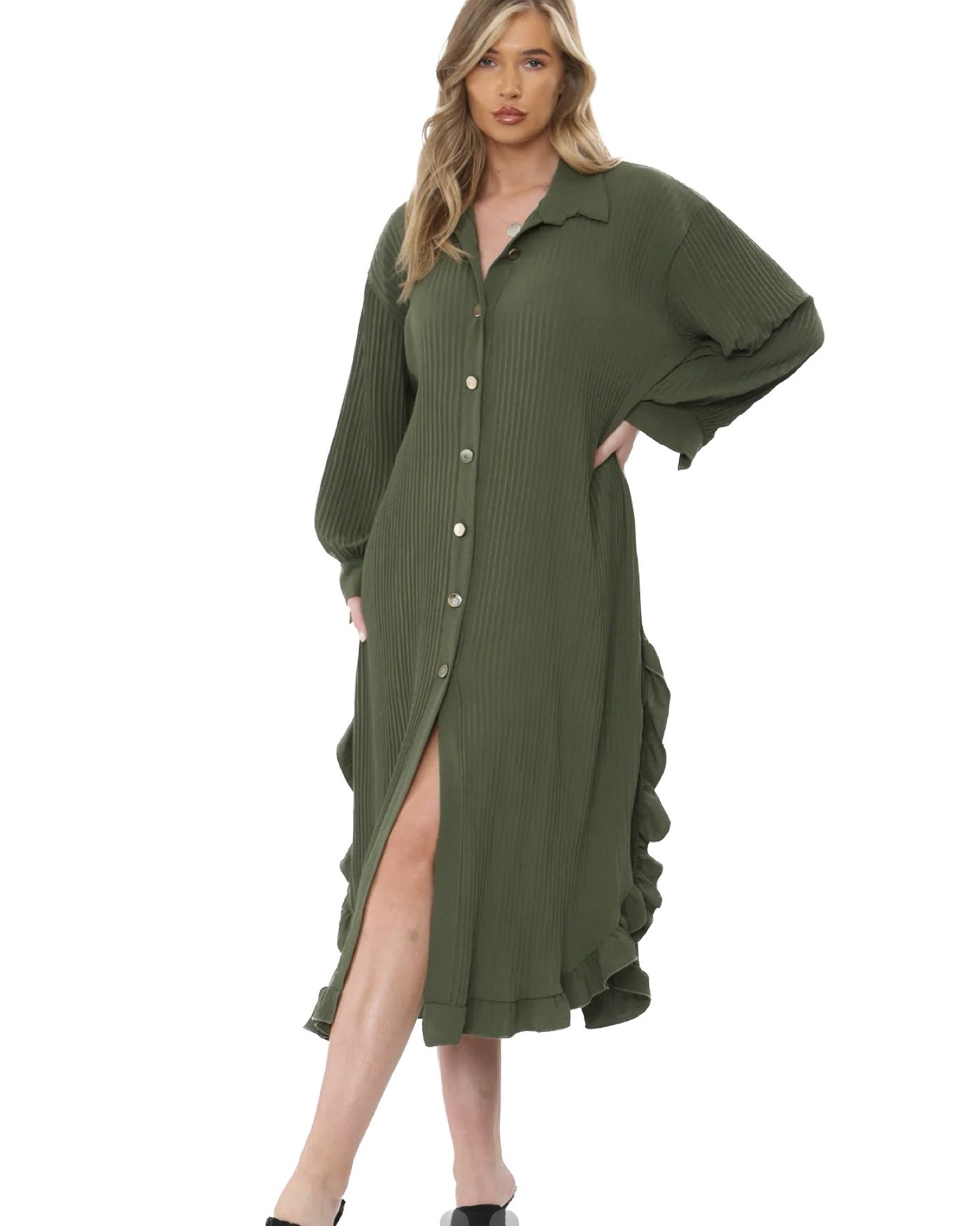 Green Gold Buttons Pleated Maxi Dress 