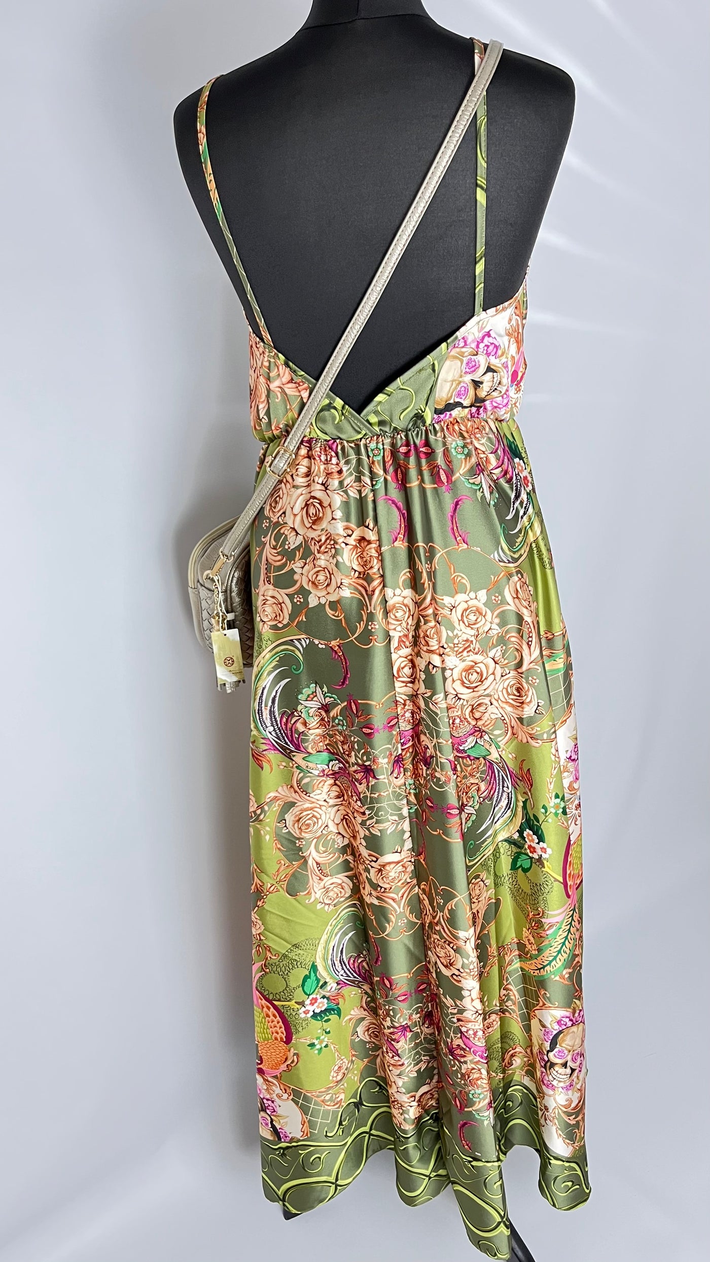 back detail of the green Italian Maxi Cami Strap Floral Satin Dress