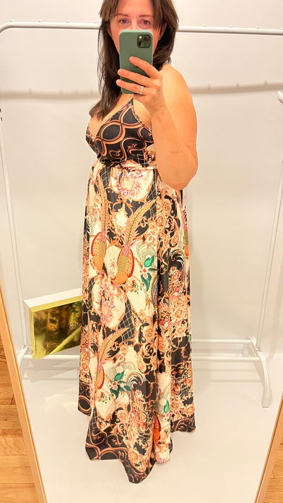 Black Italian Maxi Cami Strap Floral Satin Dress