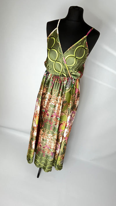 full view of the  Italian Maxi Cami Strap Floral Satin Dress