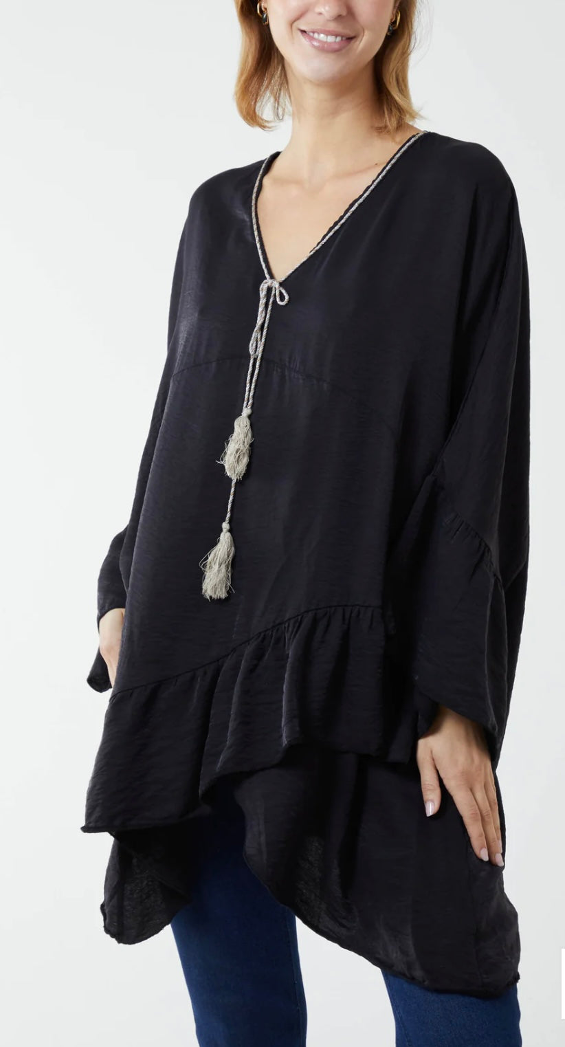 Boho Asymmetric Hem Tassel Cotton Blouse - Crystal