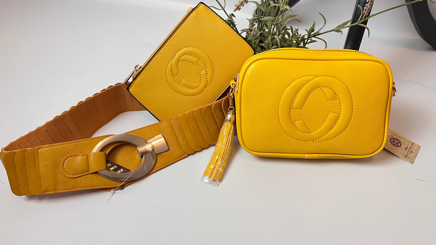 mustard shades of belt, crossbody bag and small pouch
