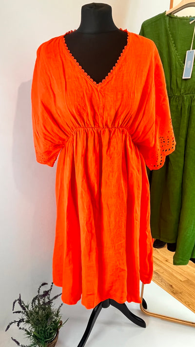 another picture of the orange Agnese Italian linen dress