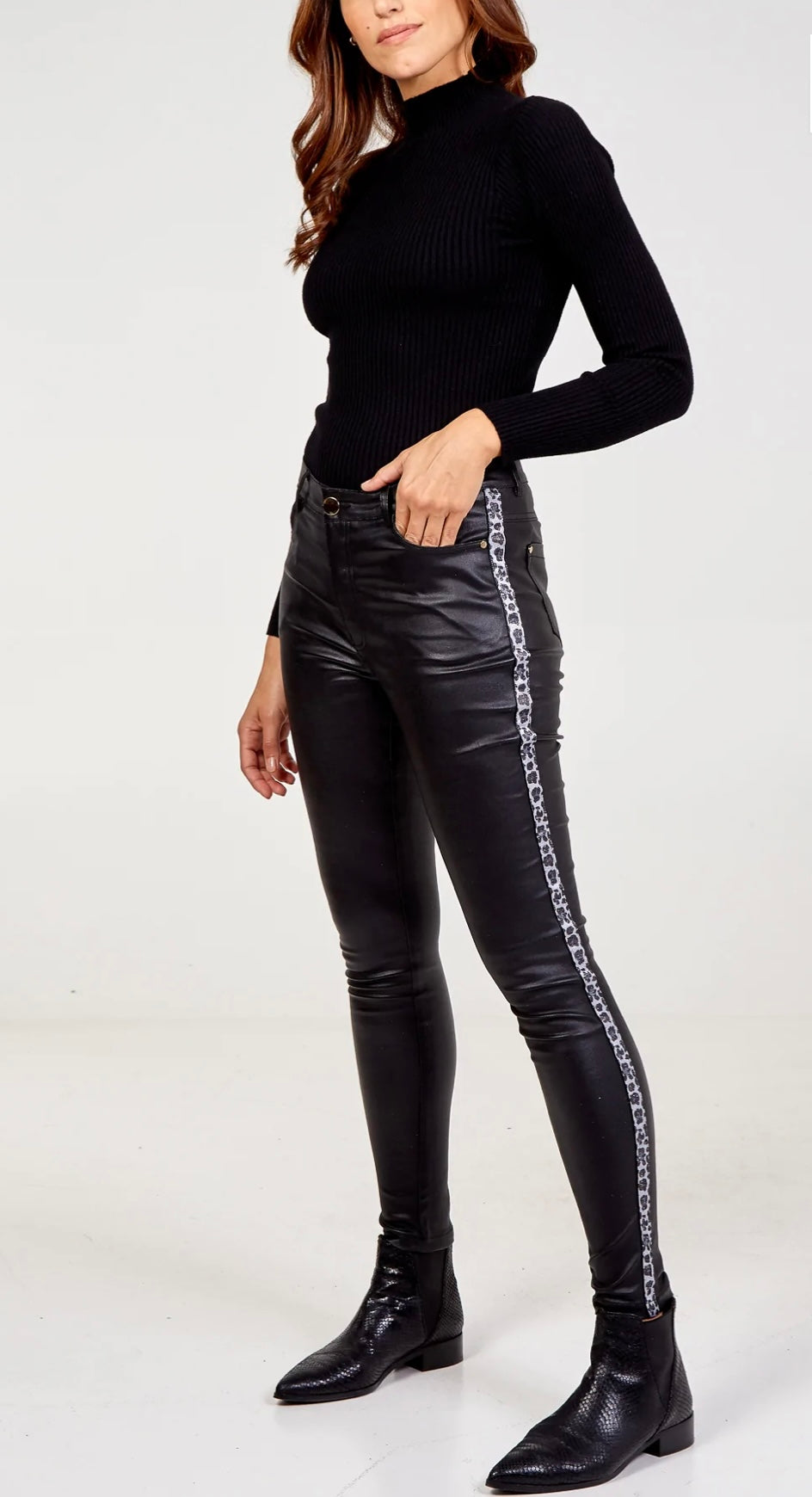 Coated Jeans With Animal Side Stripe