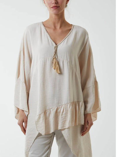 Boho Asymmetric Hem Tassel Cotton Blouse - Crystal