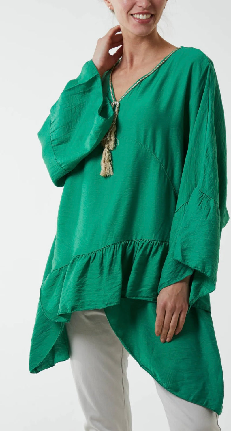 Boho Asymmetric Hem Tassel Cotton Blouse - Crystal